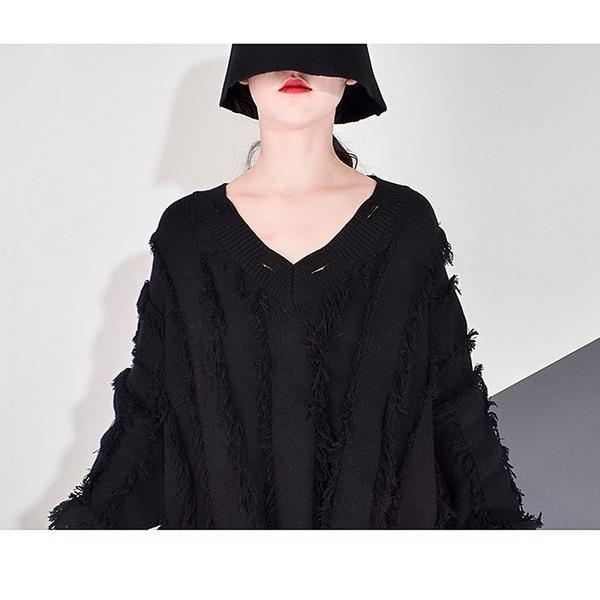 Patchwork Tassel Dress Women Casual Tide Fashion Hollow Out New Style V Neck Collar Long Batwing Sleeve Pullover - Omychic