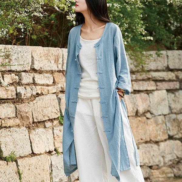 Style Women Solid Color Long Trench Coats  New Cotton Linen Vintage O-Neck Plate Buckle Coats - Omychic