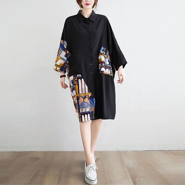 New 2020 Autumn Vintage Print Patchwork Loose Comfortable Female Knee-length Dresses - Omychic