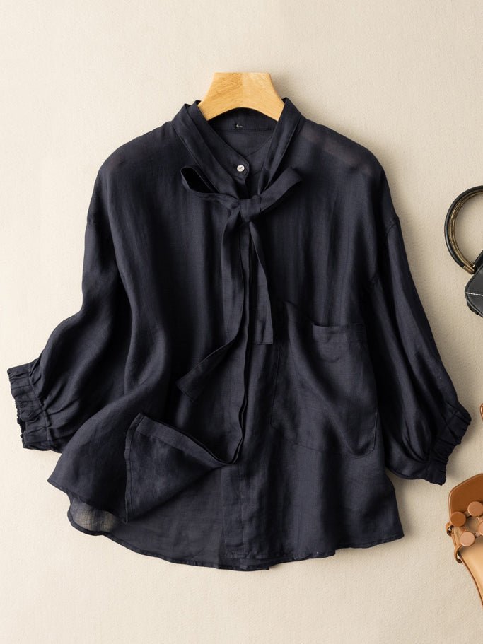 2023 Tie Collar Solid Color Ramie Shirt 3/4 Sleeve