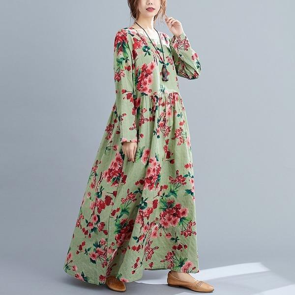 long sleeve plus size cotton linen vintage floral for women casual loose autumn dress - Omychic