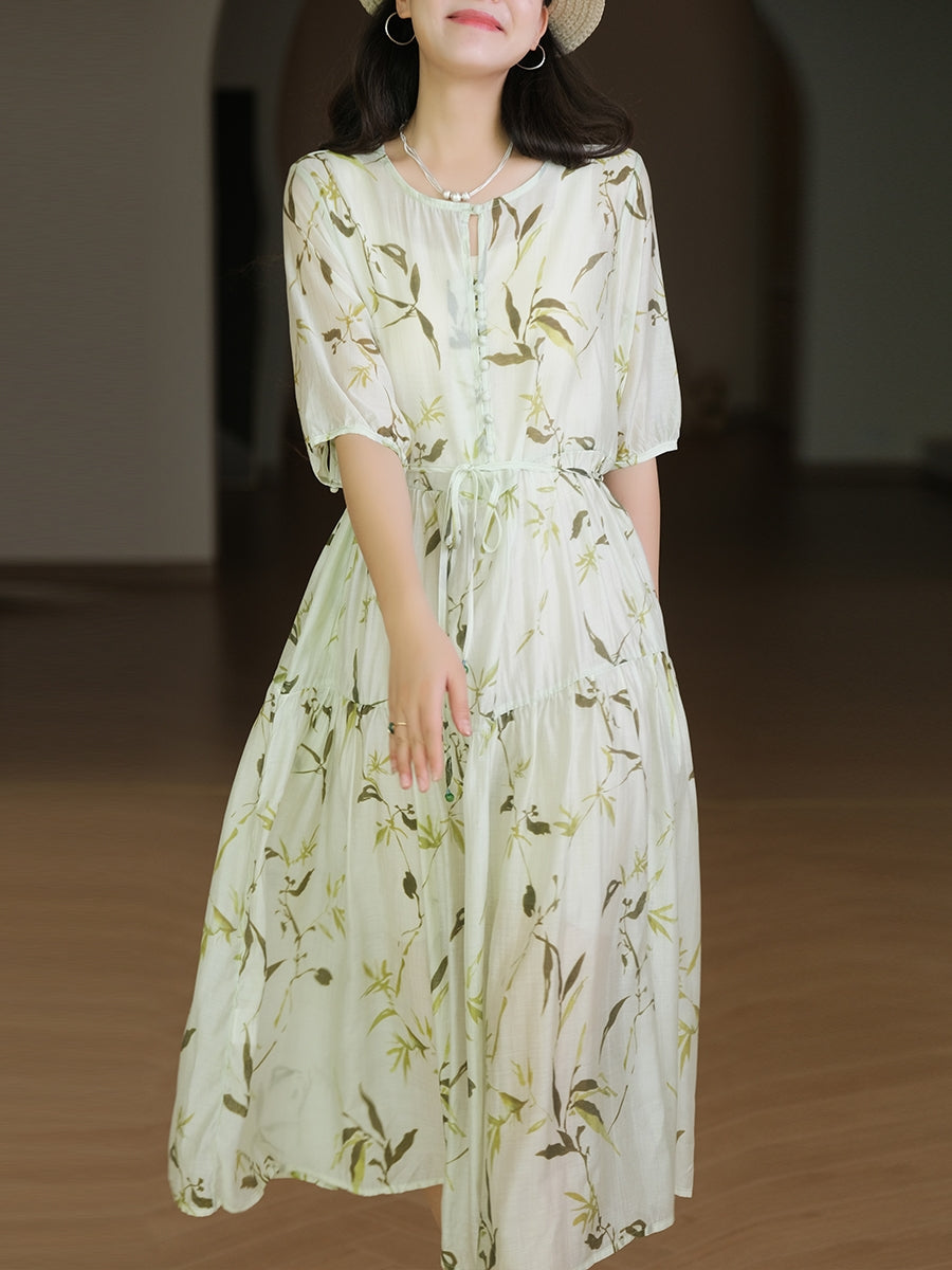 Summer Arts Leaf Print Drawstring Pleated Loose Dress