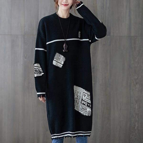 long sleeve plus size knitted vintage for women casual midi autumn winter sweater dress - Omychic