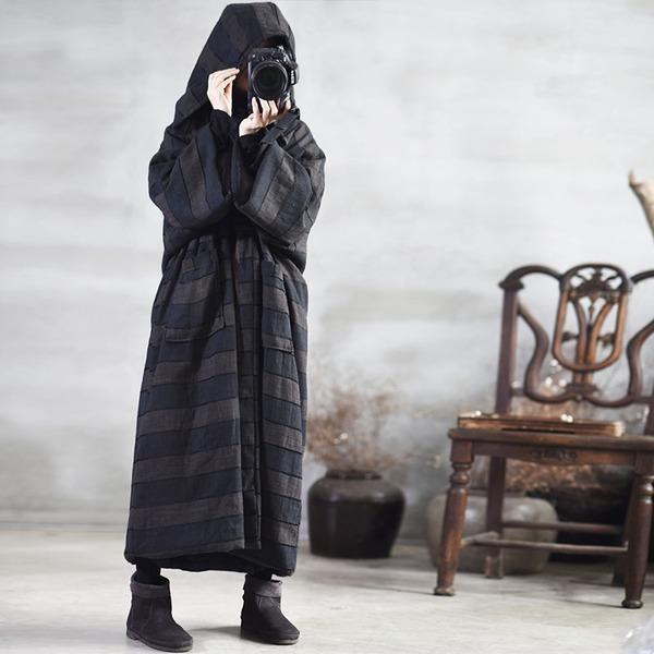 2020 Spring Striped New Loose Simple Casual Warm Cotton Long Hooded Coats - Omychic