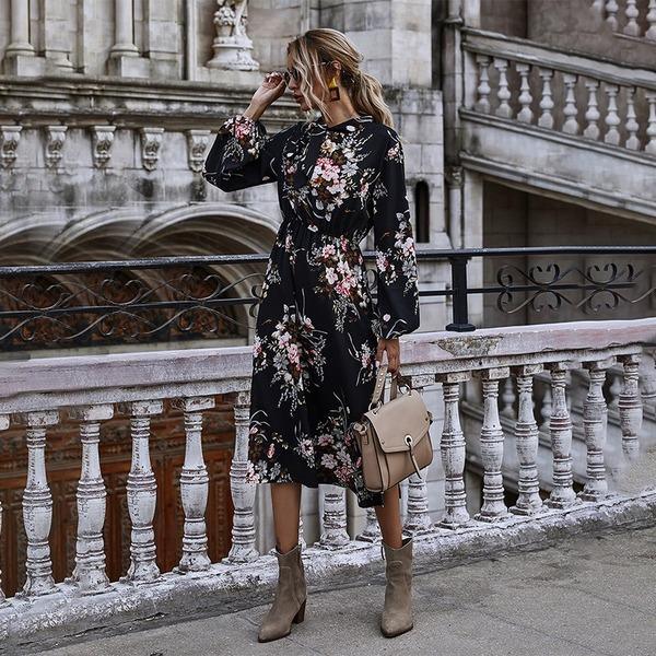Puff Sleeve Spring Winter Floral Dress Women Casual Bow Stand Collar High Wasit Long Sleeve Dress - Omychic