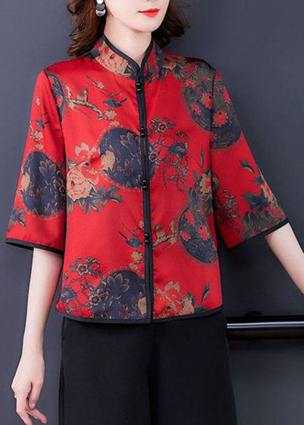 Elegant Red Mandarin Collar Button Silk Shirt Half Sleeve