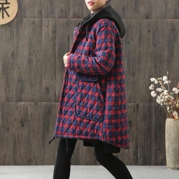 Hooded Plaid Parkas Vintage Button Coats Loose 2020 Pockets Female Casual Warm Parkas Coats - Omychic