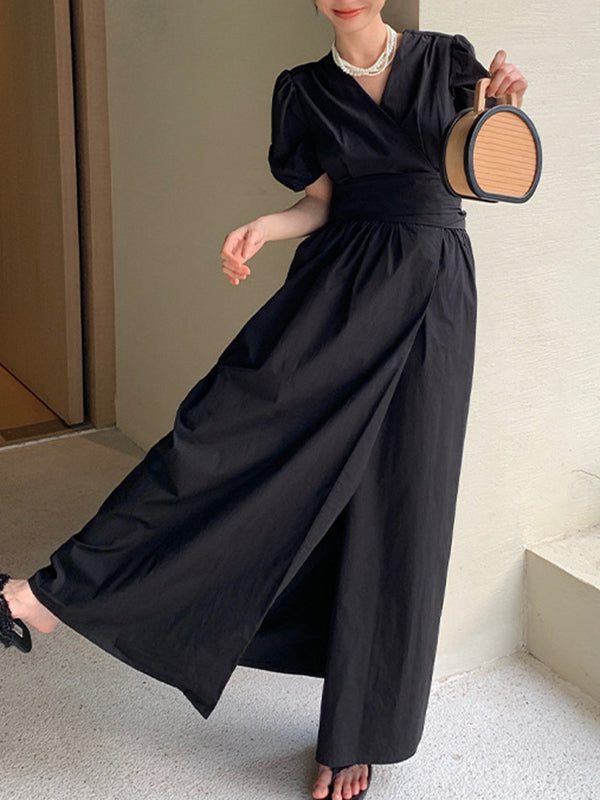 Ribbed Solid Color Maxi Dress Bishop Sleeve