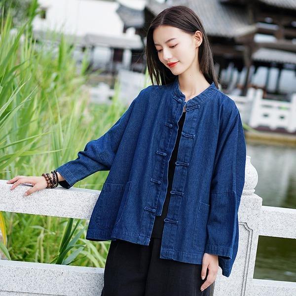 Women Autumn Winter Fashion Stand Plate Buckle Denim Coat - Omychic