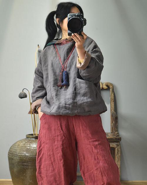 Women Linen Patchwork Hooded Coat Parkas Ladies Vintage Flax Tops Female 2020 Outerwear 2020 Autumn Winter - Omychic