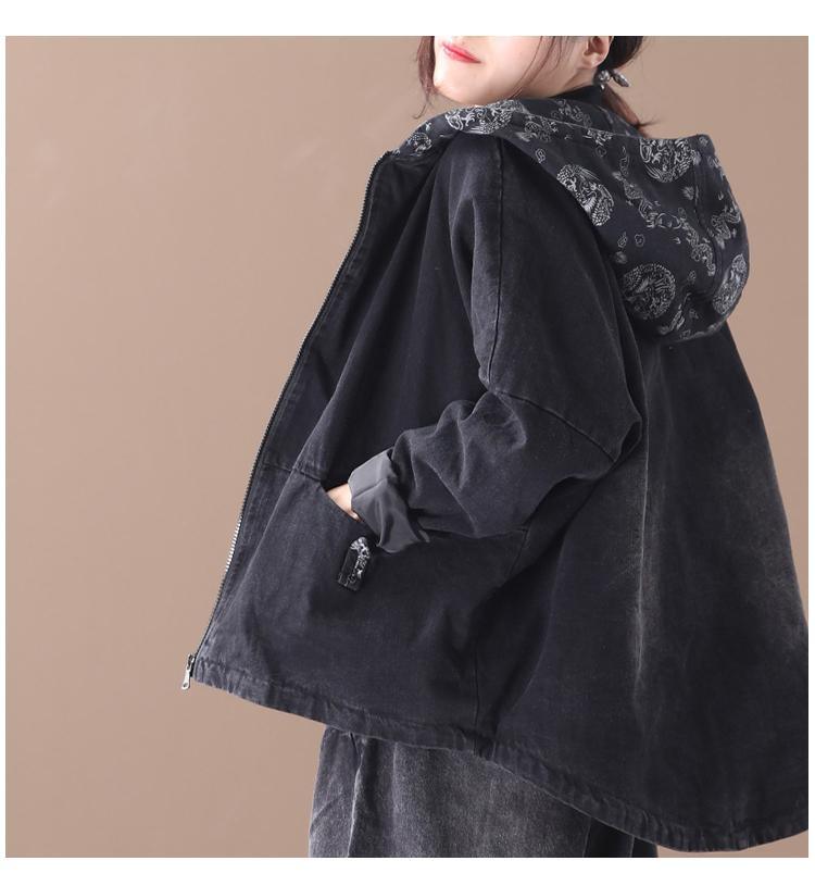 Black Patchwork Women Cloths Warm Pockets Zipper Loose Parkas Caots - Omychic