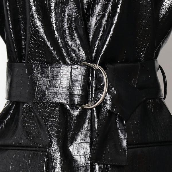 Belt Faux Leather Women Winter Tide Fashion New Style Turn Down Collar Long Sleeve Pocket Single Breasted Elegant - Omychic