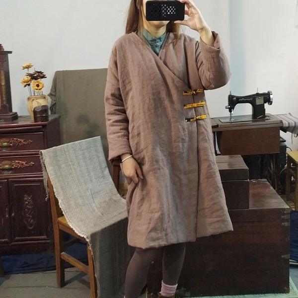 Women Vintage Linen Thick Parkas V-Neck Long Sleeve Coats - Omychic