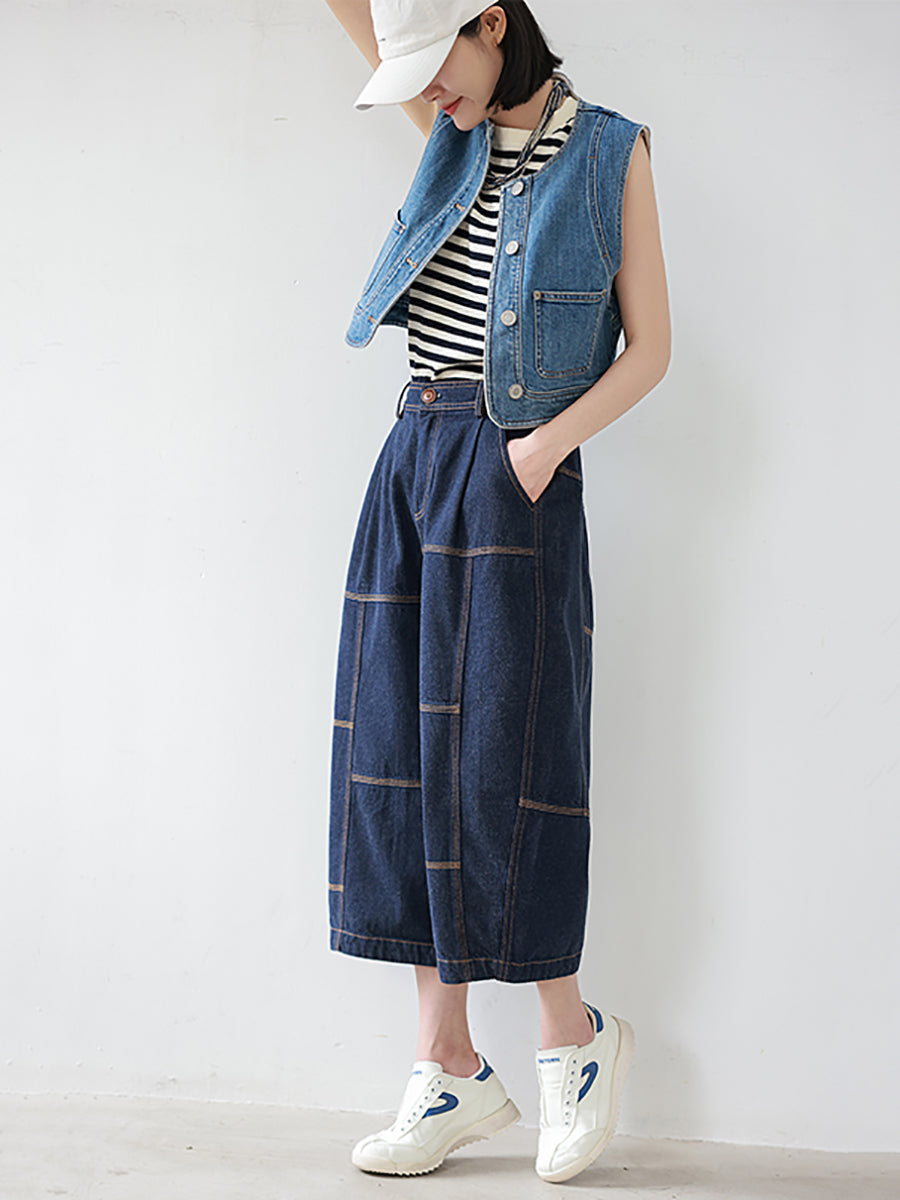 Loose Casual Summer Vintage Stitching Pocket Denim Pants