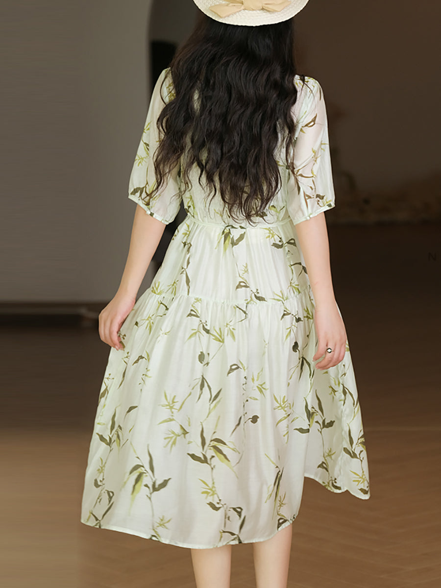 Summer Arts Leaf Print Drawstring Pleated Loose Dress