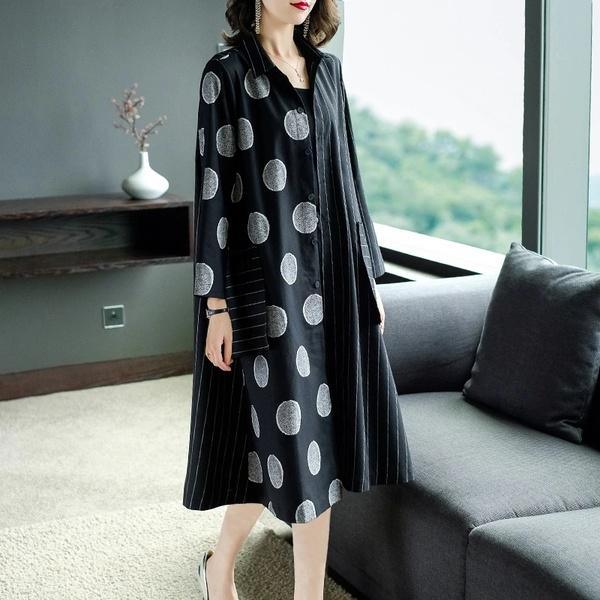 long sleeve plus size black cotton linen vintage  women casual loose autumn shirt dress - Omychic