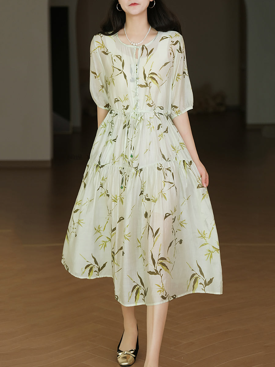 Summer Arts Leaf Print Drawstring Pleated Loose Dress