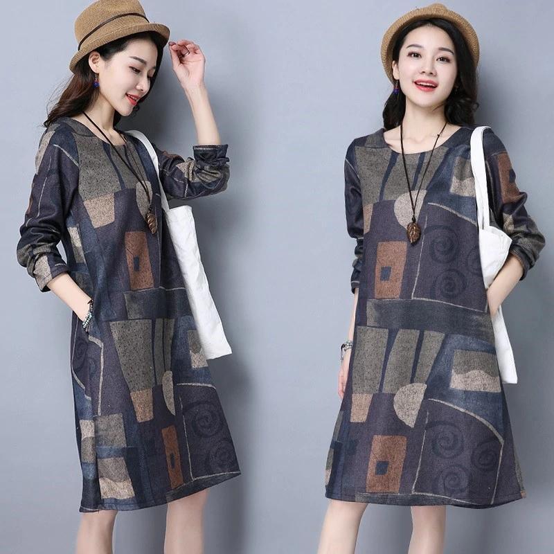 long sleeve cotton vintage print women casual loose midi autumn spring winter party dress  2019  ladies dresses - Omychic