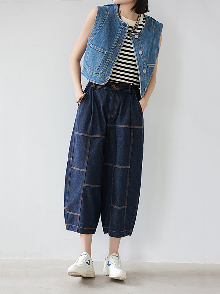 Loose Casual Summer Vintage Stitching Pocket Denim Pants