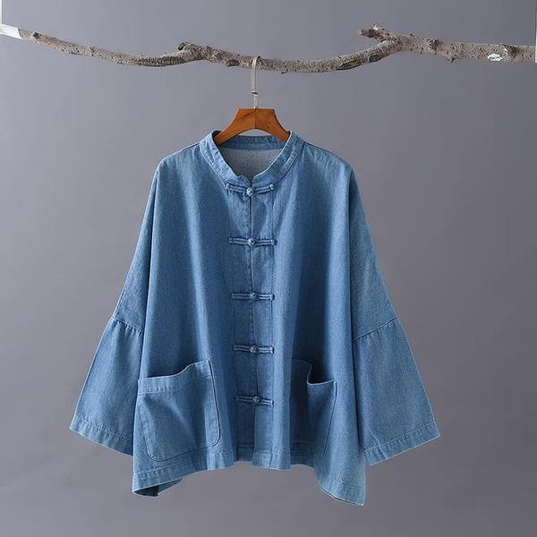 Women Autumn Winter Fashion Stand Plate Buckle Denim Coat - Omychic