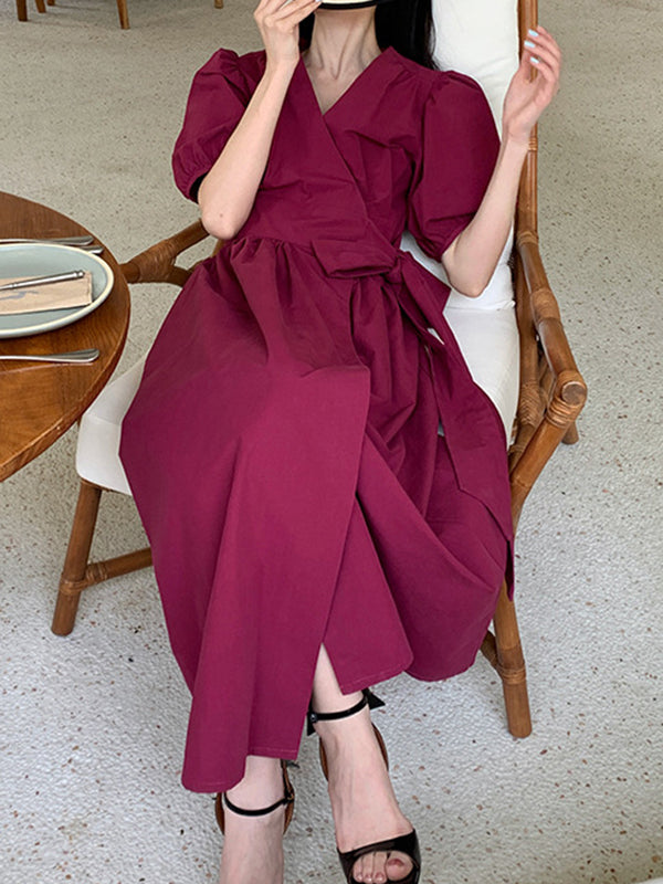 Ribbed Solid Color Maxi Dress Bishop Sleeve
