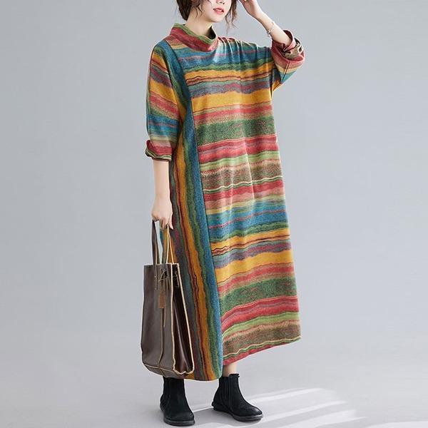 New 2020 Autumn Korean Vintage Style Turtleneck Striped Female Cotton Long Dresses - Omychic