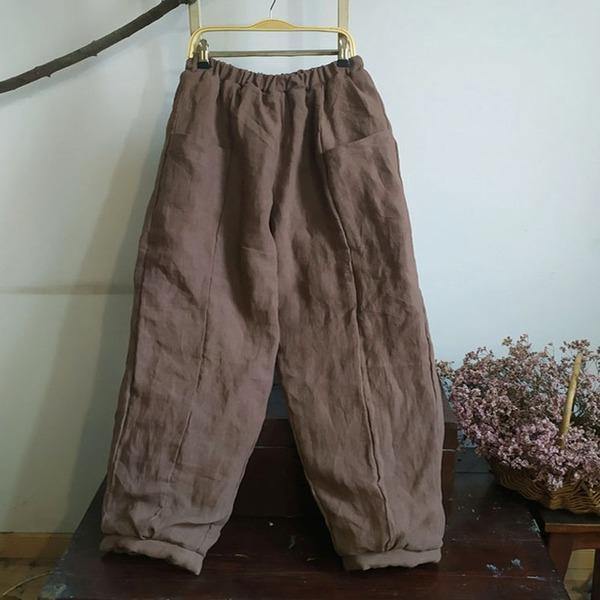 Women Thick Wide Leg Pants Elastic Waist Linen Vintage Female Pants - Omychic
