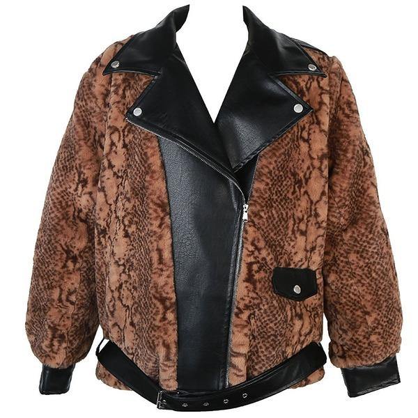 Fashion Contrast Color Faux Leather New Splicing Pu Leather Turn-down Collar Women Loose Short Coat - Omychic