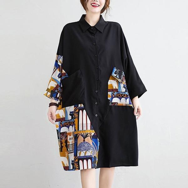 New 2020 Autumn Vintage Print Patchwork Loose Comfortable Female Knee-length Dresses - Omychic