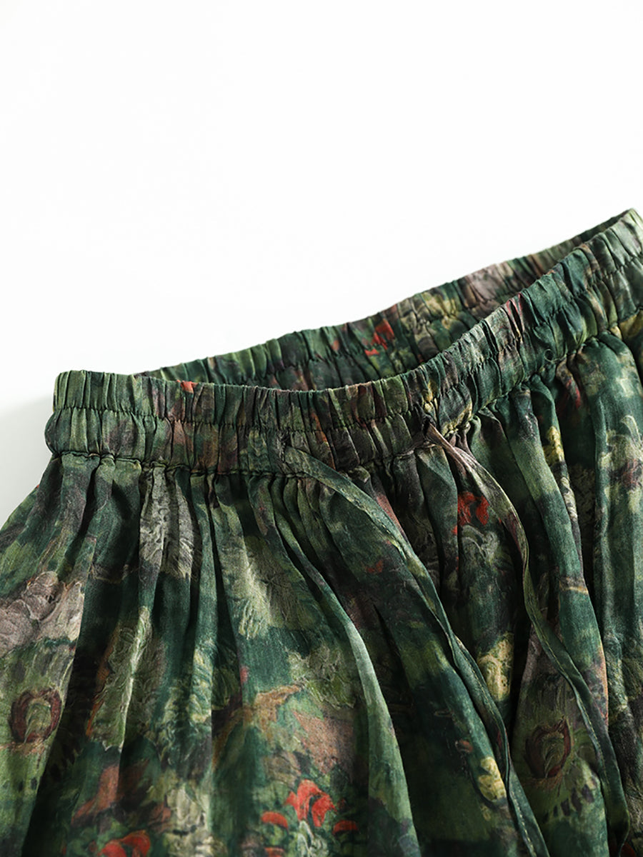 Women Summer Artsy Flower Drawstring Pocket Ramie Skirt