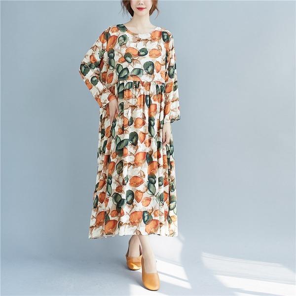 long sleeve cotton linen plus size vintage floral for women casual loose summer autumn dress - Omychic