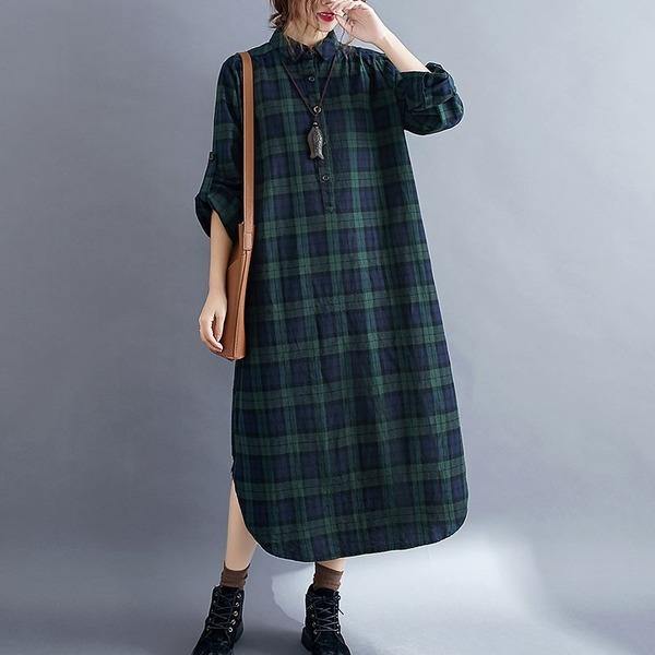 Vintage Plaid Turn-down Collar Loose Female Cotton Linen Long Dresses - Omychic