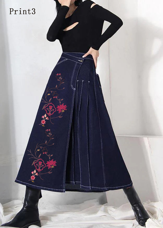 Boho denim blue-print2 zippered asymmetrical design Summer Skirt
