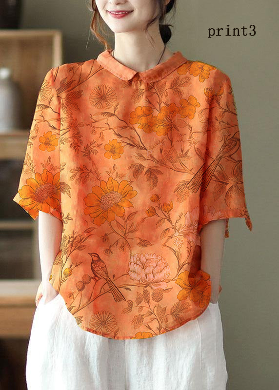 DIY Orange Print2  Ramie Half Sleeve Shirt Summer