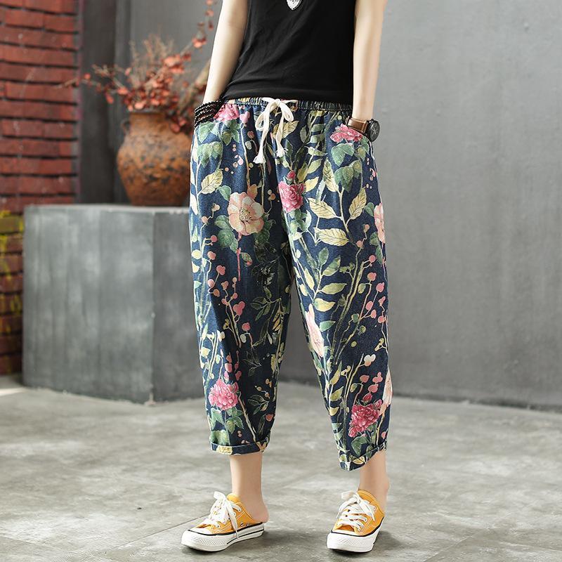 2021 Plus Size Floral Print Elastic Waist Women Autumn Jeans - Omychic