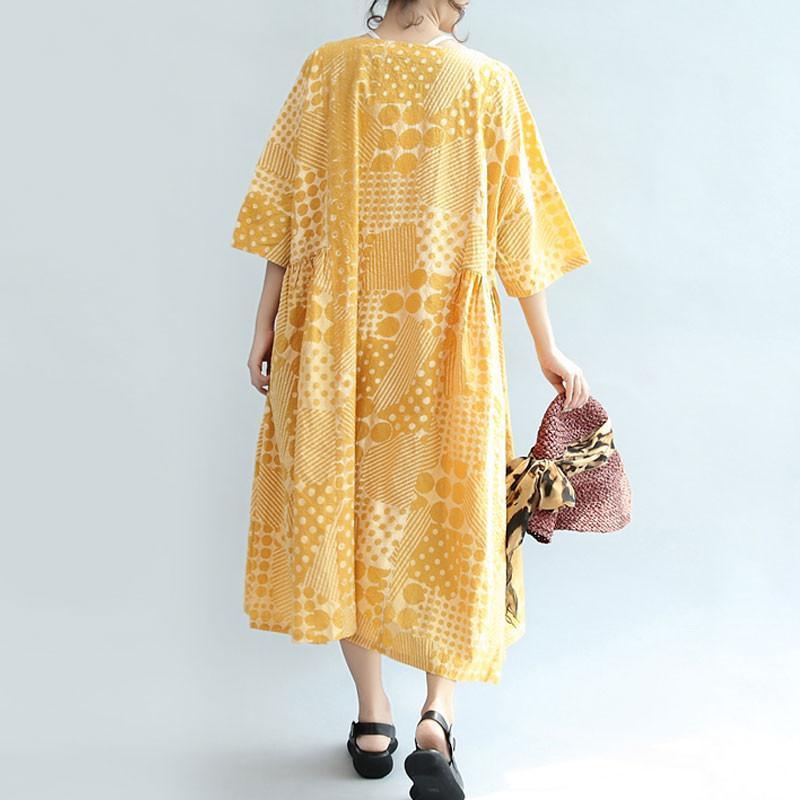 Round Neck Printing Lacing Summer Women Yellow Dress - Omychic