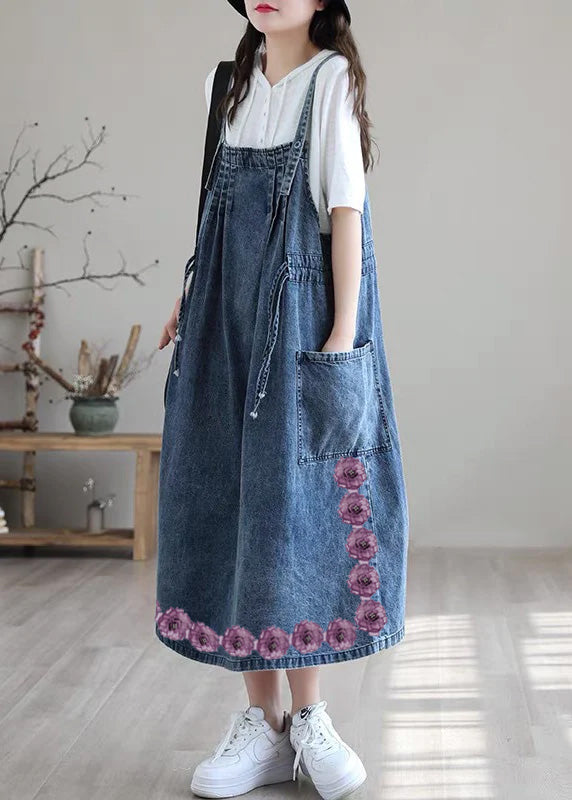 Plus Size Blue drawstring pocket Spaghetti Strap Cotton denim Dress Spring