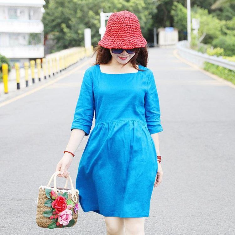 Special Collar Design Women Half Sleeve Loose Blue Folded Dress - Omychic