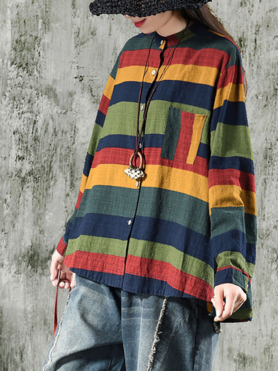 Plus Size Vintage Striped Cotton Shirt Long Sleeve
