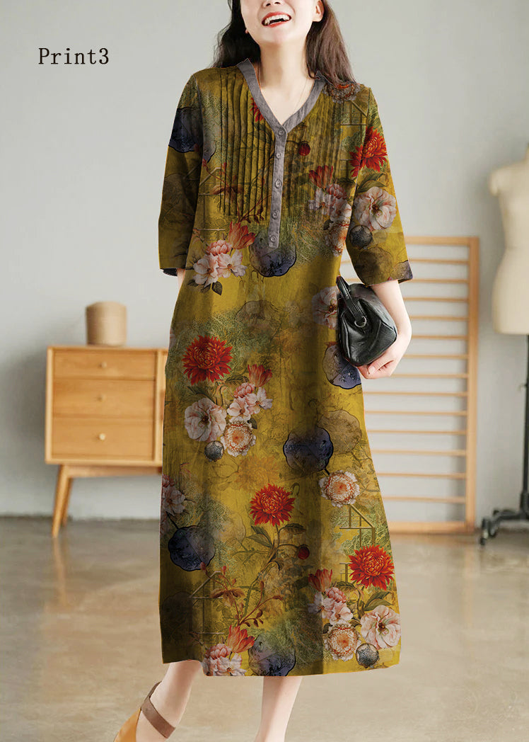 Print2 Loose Linen Long Dresses Button Solid Half Sleeve