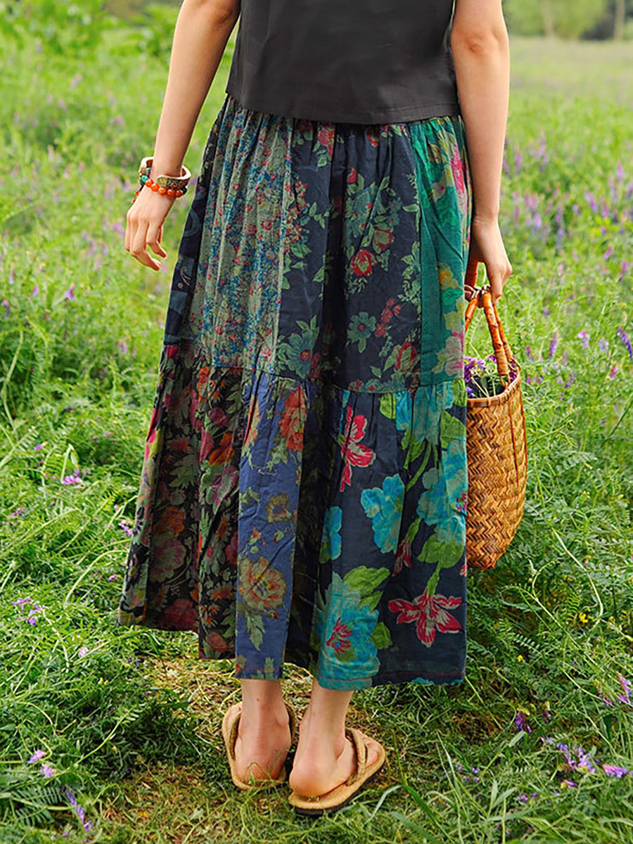 Retro Splicing Cloth Flower Printed Floral Skirt