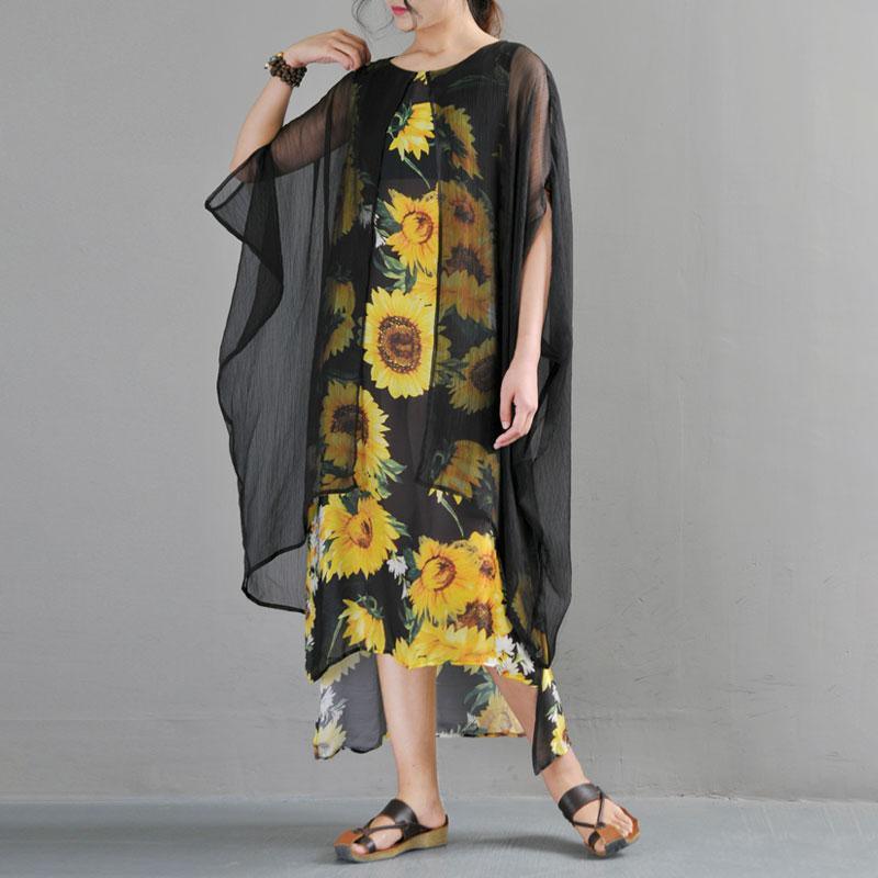 Summer Fake Two Pieces Yellow Flower Printed Bat Sleeve Dress - Omychic