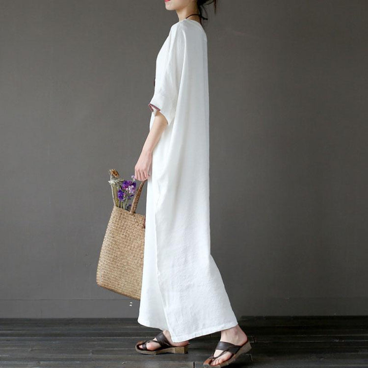 Women Flax Cotton 1/2 Sleeve Embroidery White Dress - Omychic