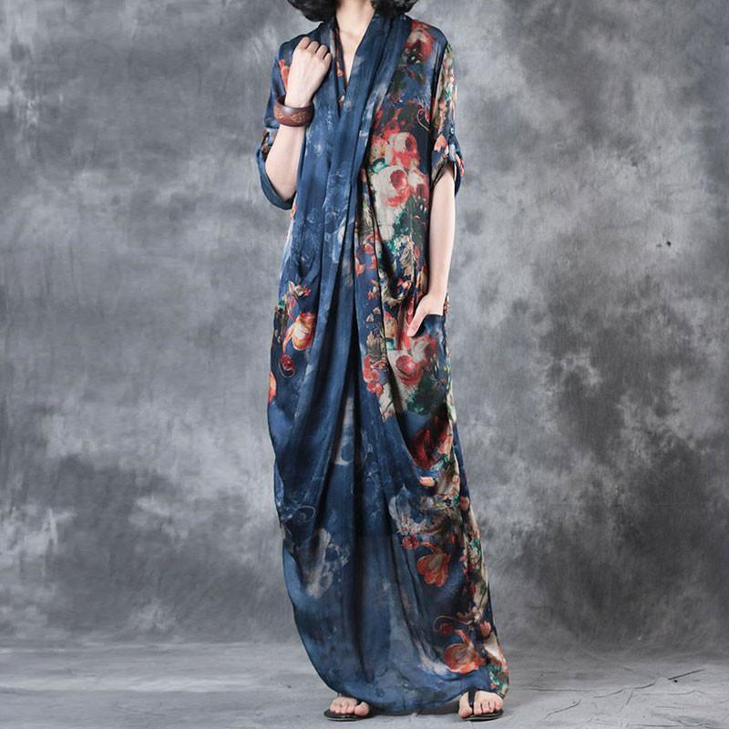 Printing Women Summer Loose Casual Irregular Floral Blue Dress - Omychic