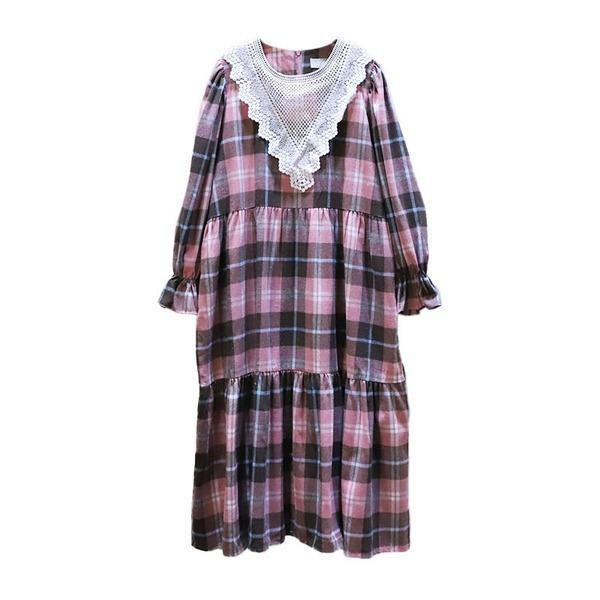 New Plaid Dress Hollow Out Lace Patchwork Women Casual Spring Fashion O Neck Collar Pullover - Omychic