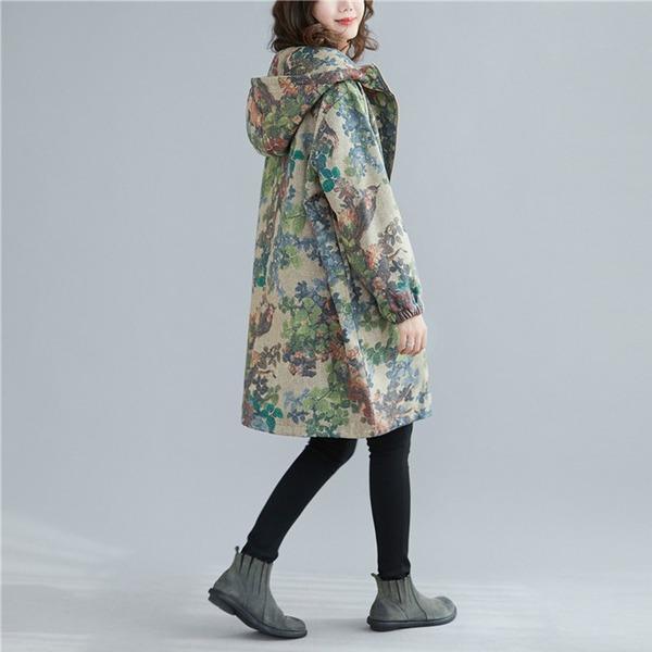 Vintage Print Floral Parkas For Women Winter Coat Hooded Zipper Pockets - Omychic