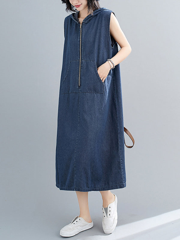 Zipper Loose Hooded Midi Dress Sleeveless