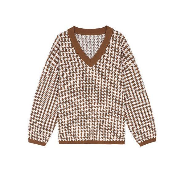 Knitting Splicing Plaid New Fashion V-neck Pullover Top Loose Casual Elastic Waist Full Length - Omychic