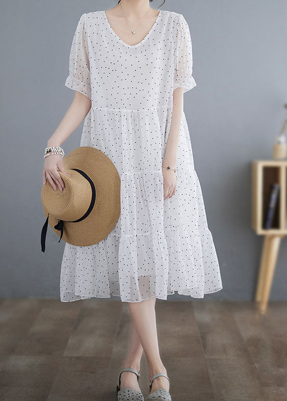 Fine White V Neck Wrinkled Dot Patchwork Chiffon Dress