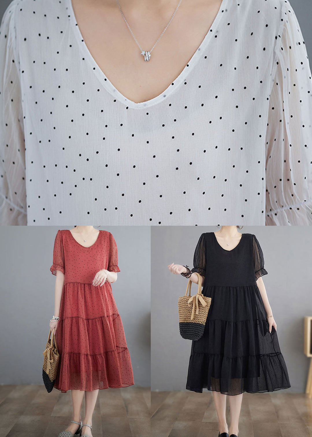 Fine White V Neck Wrinkled Dot Patchwork Chiffon Dress